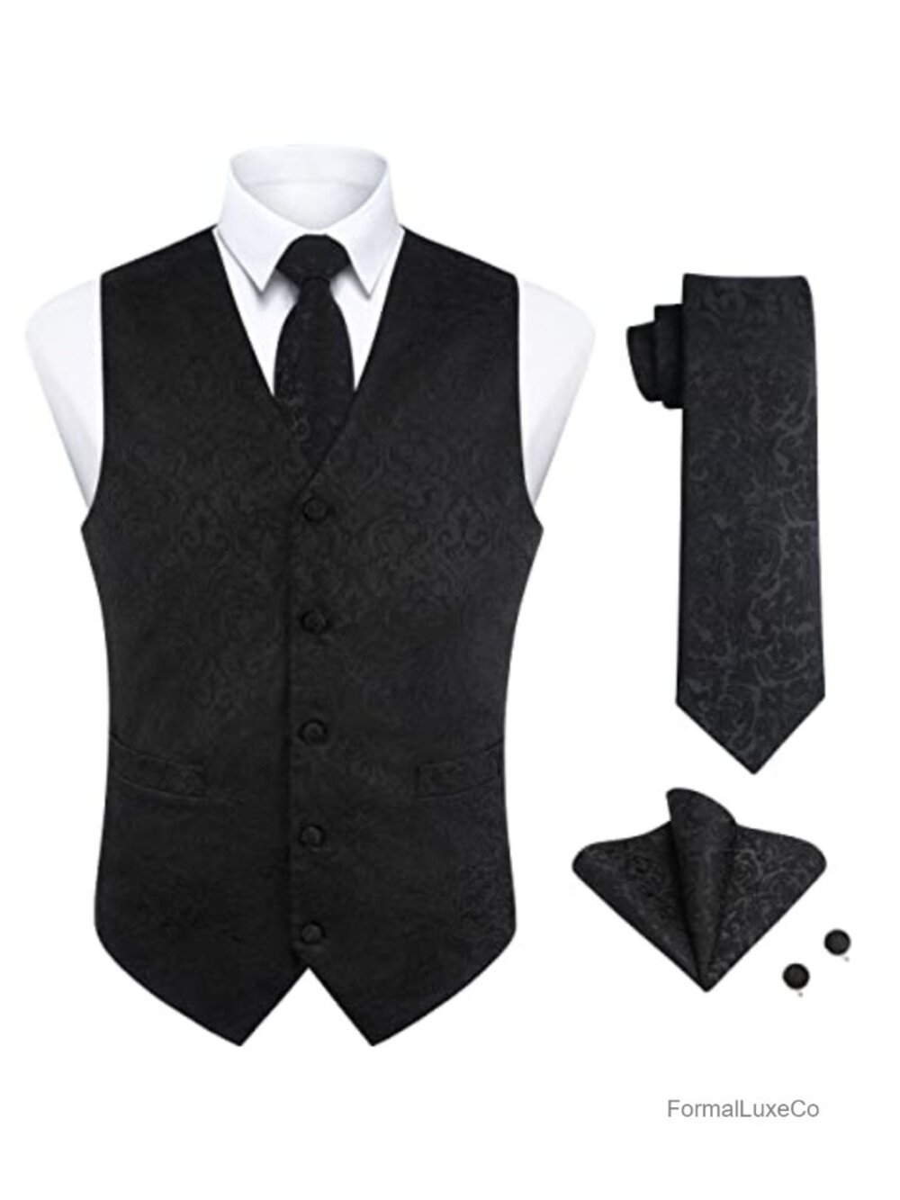 Men's Paisley Suit Vest Set Silk Waistcoat Tie Pocket Square Cufflinks Formal